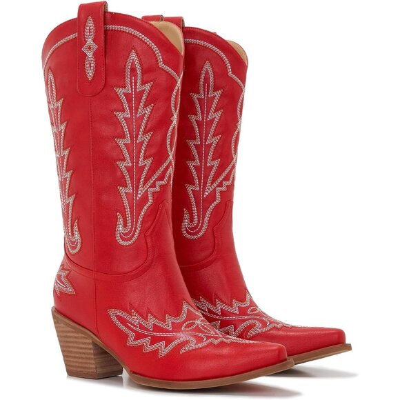 ⚡Women Bright Red Faux Leather Wood Grain Embroidered Chunky Heel  Cowgirl Boots - Picture 1 of 7